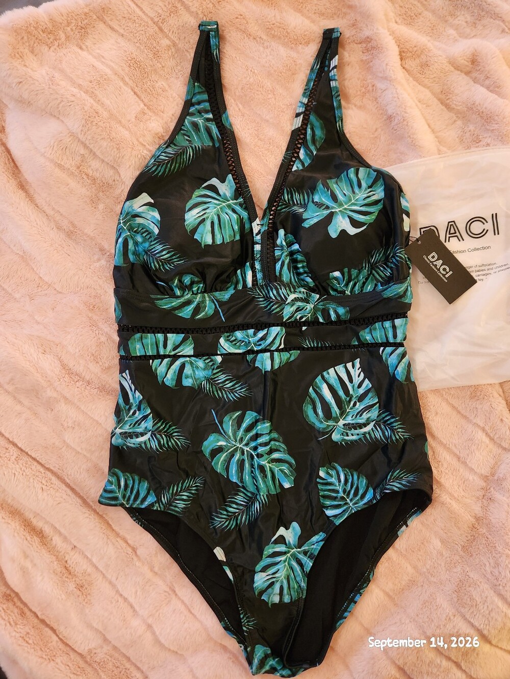 Womens' Black Tropical Leaf One-Piece Swimsuit